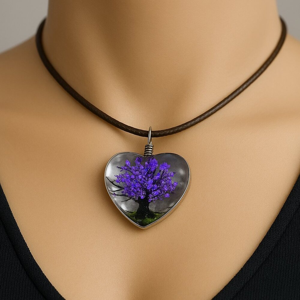 Resin Heart Necklace with Purple Flower – 18" Green Cord Women’s Fashion Jewelry